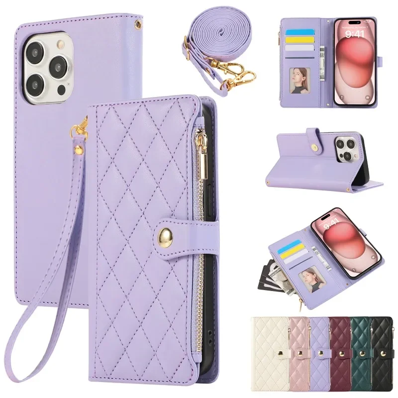 Leder-Handyhülle mit Umhängeband für Apple IPhone 16E 17 Ari 16 15 14 13 12 11 Pro Max XS Plus, Brieftasche mit Kartenhalter-Abdeckung