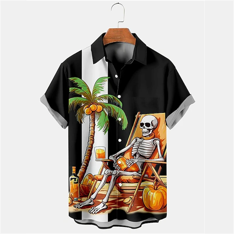 

2025 Men's Halloween Shirt Fun Skull Print Button Lapel Party Shirt Halloween Party Casual Beach Short-sleeved Summer Wear