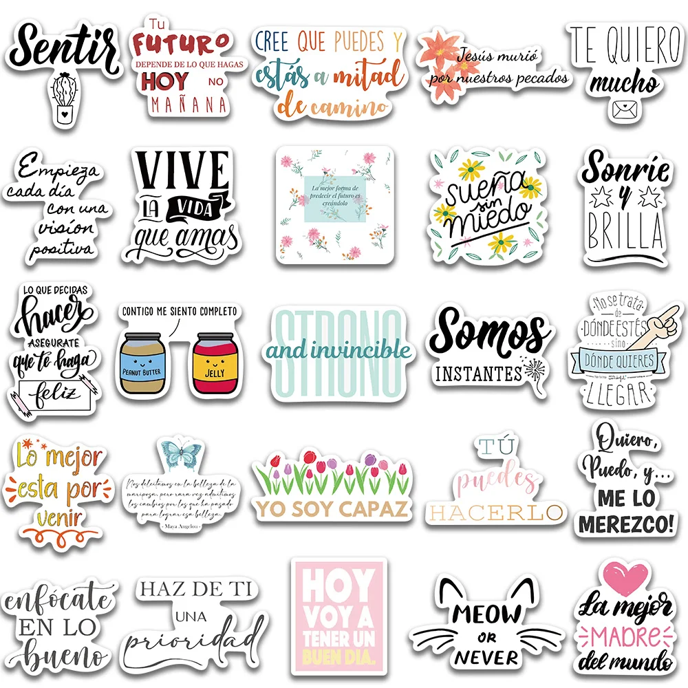 Pegatinas con frases motivadoras en español para ordenador portátil, calcomanías impermeables con grafiti, para equipaje, taza, teléfono, bicicleta,