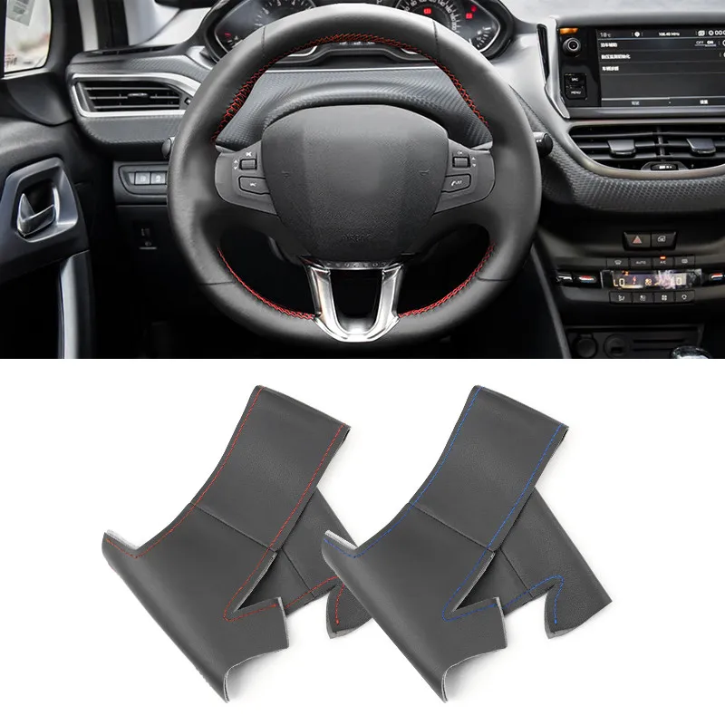 

Чехол рулевого колеса для Peugeot 208, 2008, 2014, 2016, 2017, 2018, прошитый вручную, кожаная защитная отделка из микрофибры для салона автомобиля