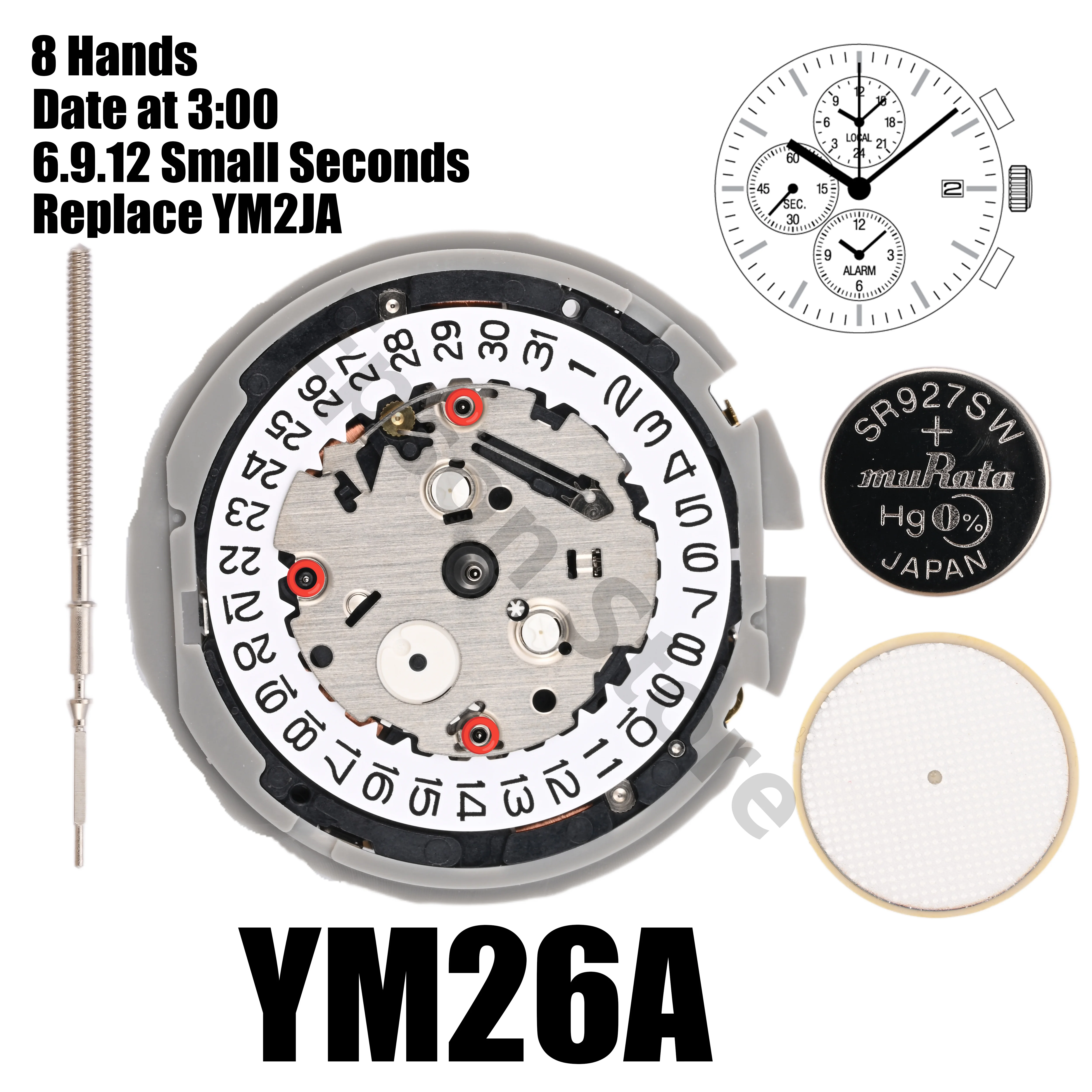 YM26 Movement YM26A Movement 8 Hands Size:12'' 6:00/9:00/12:00 Small seconds Date at 3:00 Replace YM2JA Movement