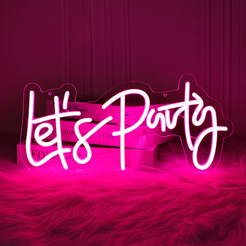 

Pink Let's Party Neon Sign Light for Party Decor 43*31 cm Happy Birthday Wedding Transparent Acrylic Custom Neon Light Sign