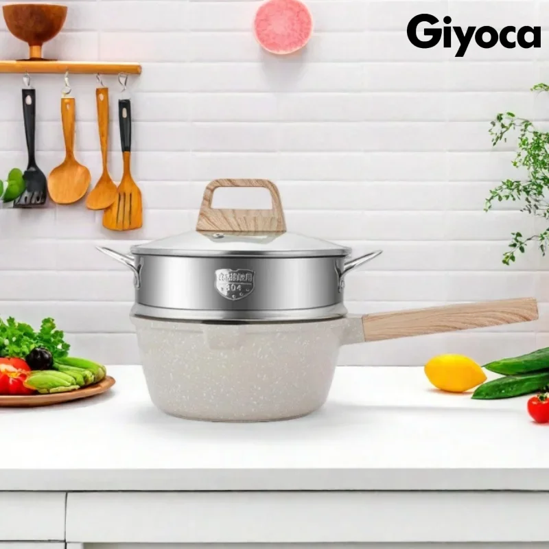 

Giyoca Milk Pot Complement Food Pot for Baby Nonstick Soup Pot with Glass Lid＆Steamer Medical Stone Coating Stew Pot Kitchenware