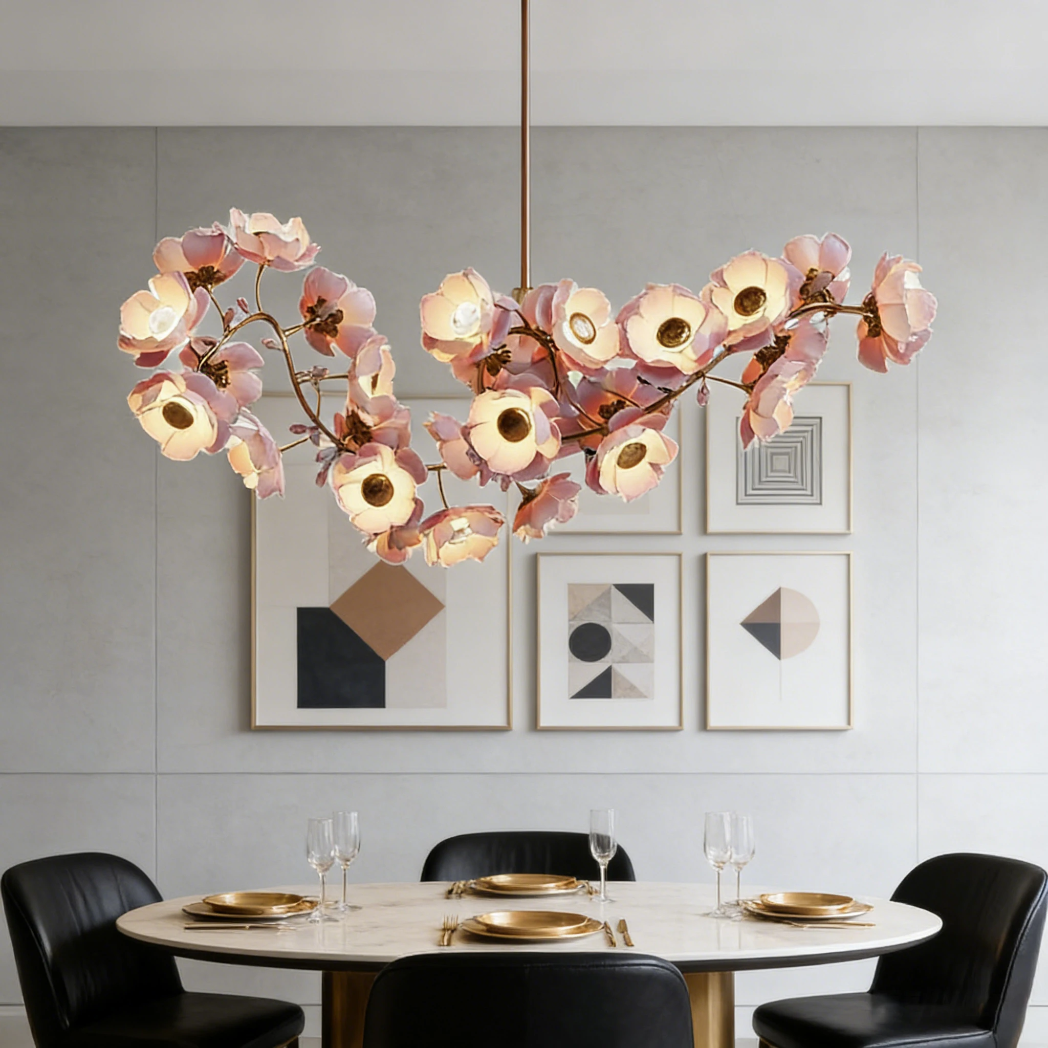 

BOSSEN Minimalist Double Layer Glass Cherry Blossom Ceramic Copper Pendant Light Adjustable Dimmable Chandelier for Dining Room