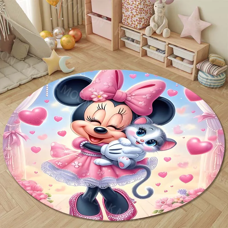 Disney Minnie Mouse Round Rugs for Bedroom Area Floor Mats for Kids Room Household Bath Mat Carpet Living Room Home Pink Decor