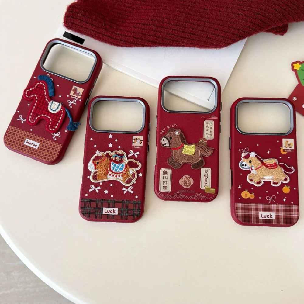 

Luxury Horse New Year Red Case for iPhone 17 Pro Max 16 15 Plus 14 13, Cute Embroidered Pony All-inclusive Shockproof Back Cover