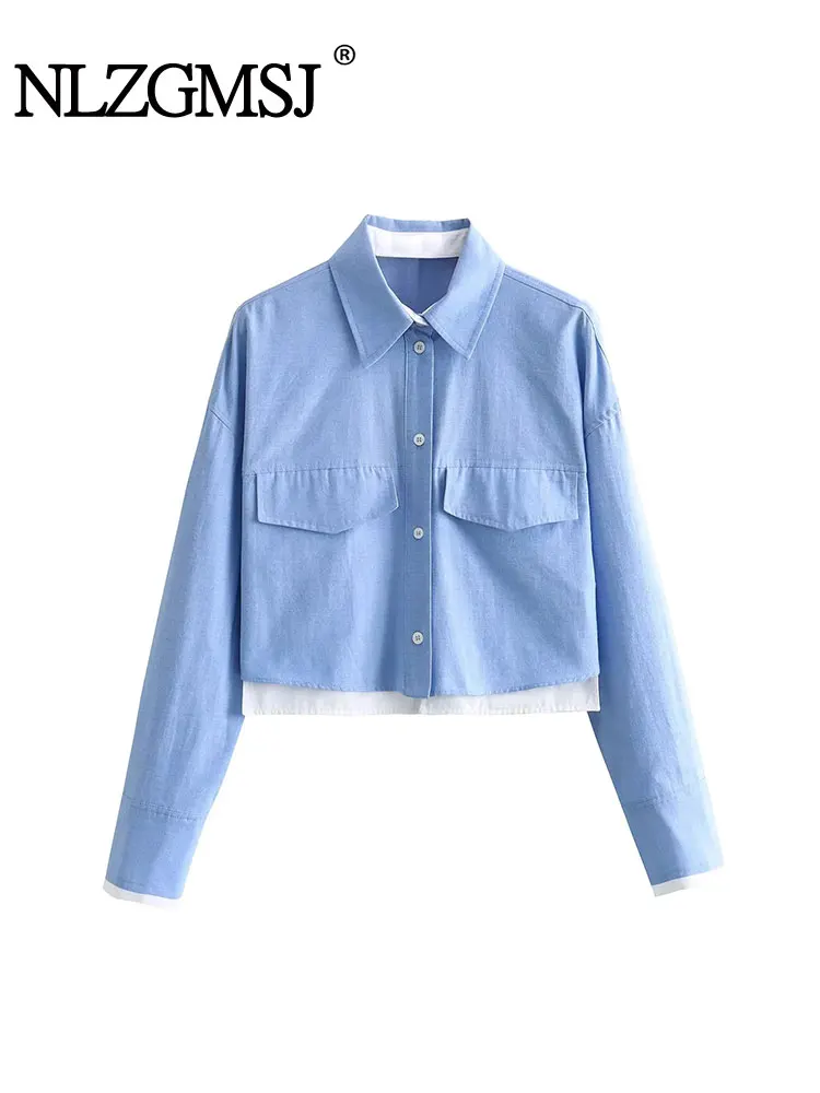 TRAF 2024 primavera blu Cropped Shirt donna camicie per le donne camicette abbottonate a maniche lunghe per le donne camicie Casual top