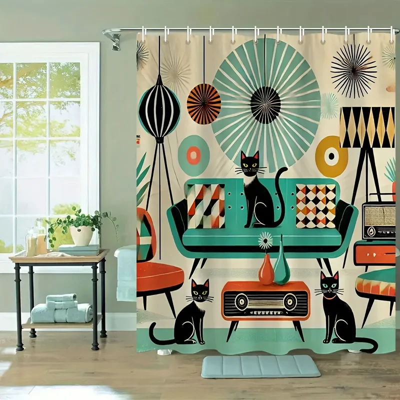 1pc Retro Pop Art Shower Curtain - Mid-Century Modern Bathroom Decor with Teal Sofa, Black Cats - Machine Washable Polyester Bat