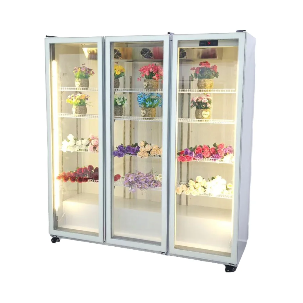 Three-Door White Display Refrigerator Glass Door Flower Cooler   Commercial Large Capacity Floral Cooler Cabinet