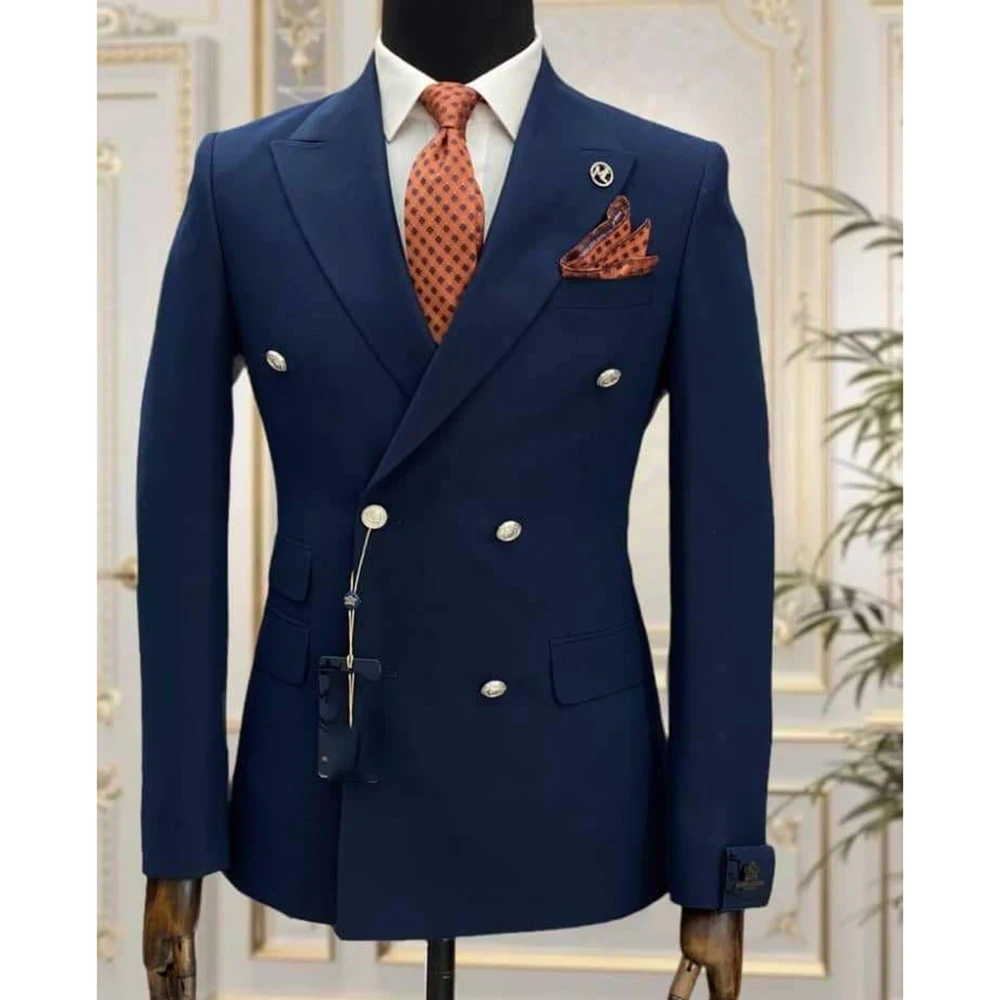 Formal Double Breasted Navy Blue Wedding Men\'s Suits High Quality Peak Lapel Groom Outfits Blazer Slim Fit 2 Piece Jacket Pants