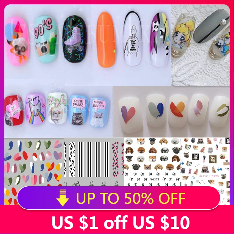 Autocollants colorés pour Nail Art, motifs de fleurs de soleil, décorations adhésives pour ongles, princesse, chiot, chat, mignon, DIY bricolage, motifs géométriques