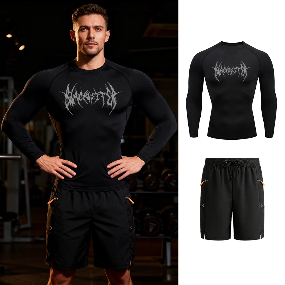 

Мужской компрессионный комплект из футболки с длинным рукавом и шорт, быстросохнущий и дышащий, подходит для фитнеса и тренировок