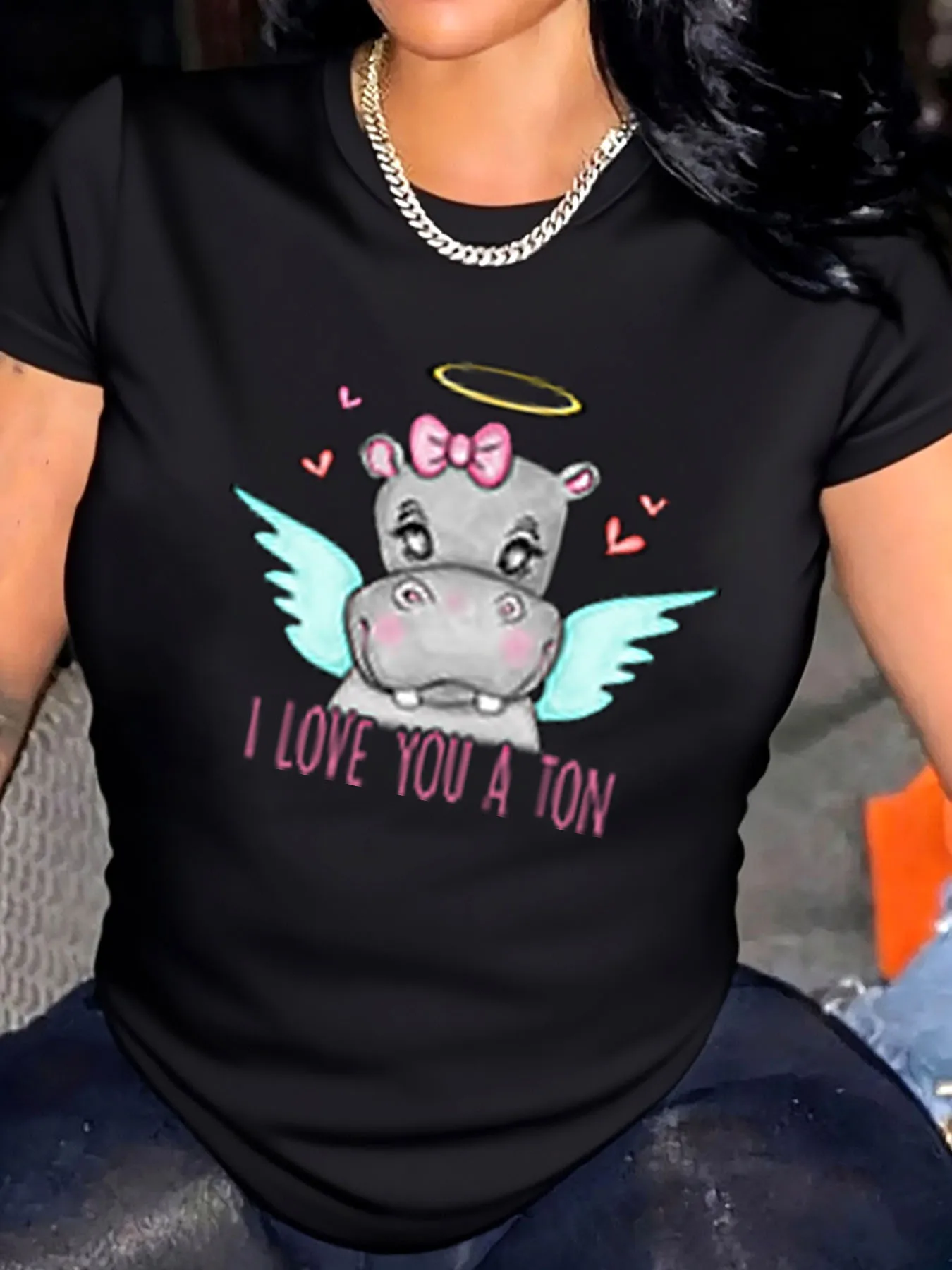 

Женская футболка больших размеров на день Святого Валентина, милый бегемот, ангел, я люблю тебя, тон, уличный повседневный топ с принтом
