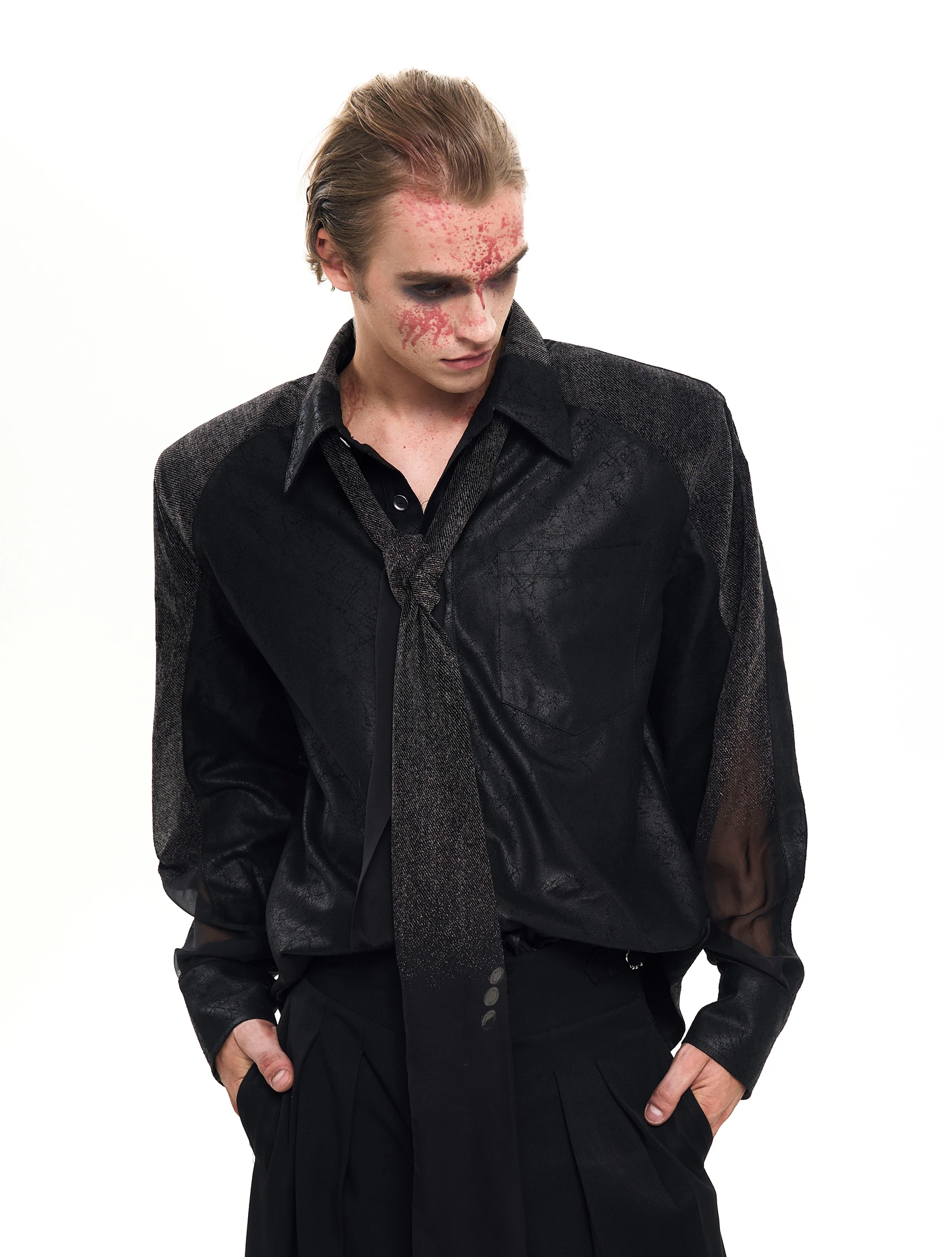 Men's 2025 Autumn New Trendy Handsome Mesh Gauze Tops Shoulder Padded Loose Comfort Shirts Men's High-end Tie Long-sleeve Shirts