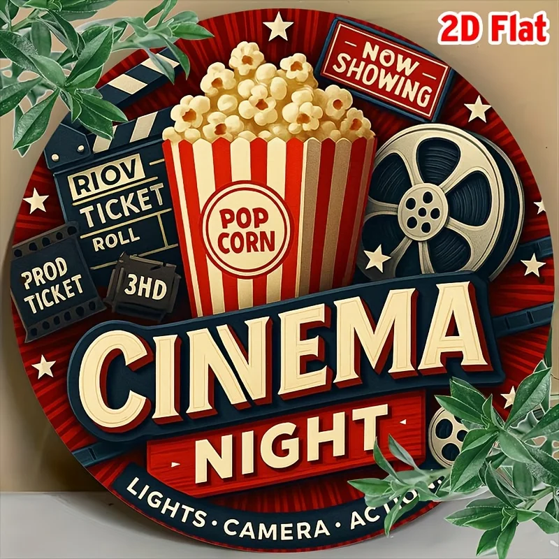 2D Flat, Vintage Cinema Night Movie Theater Sign - Round 
