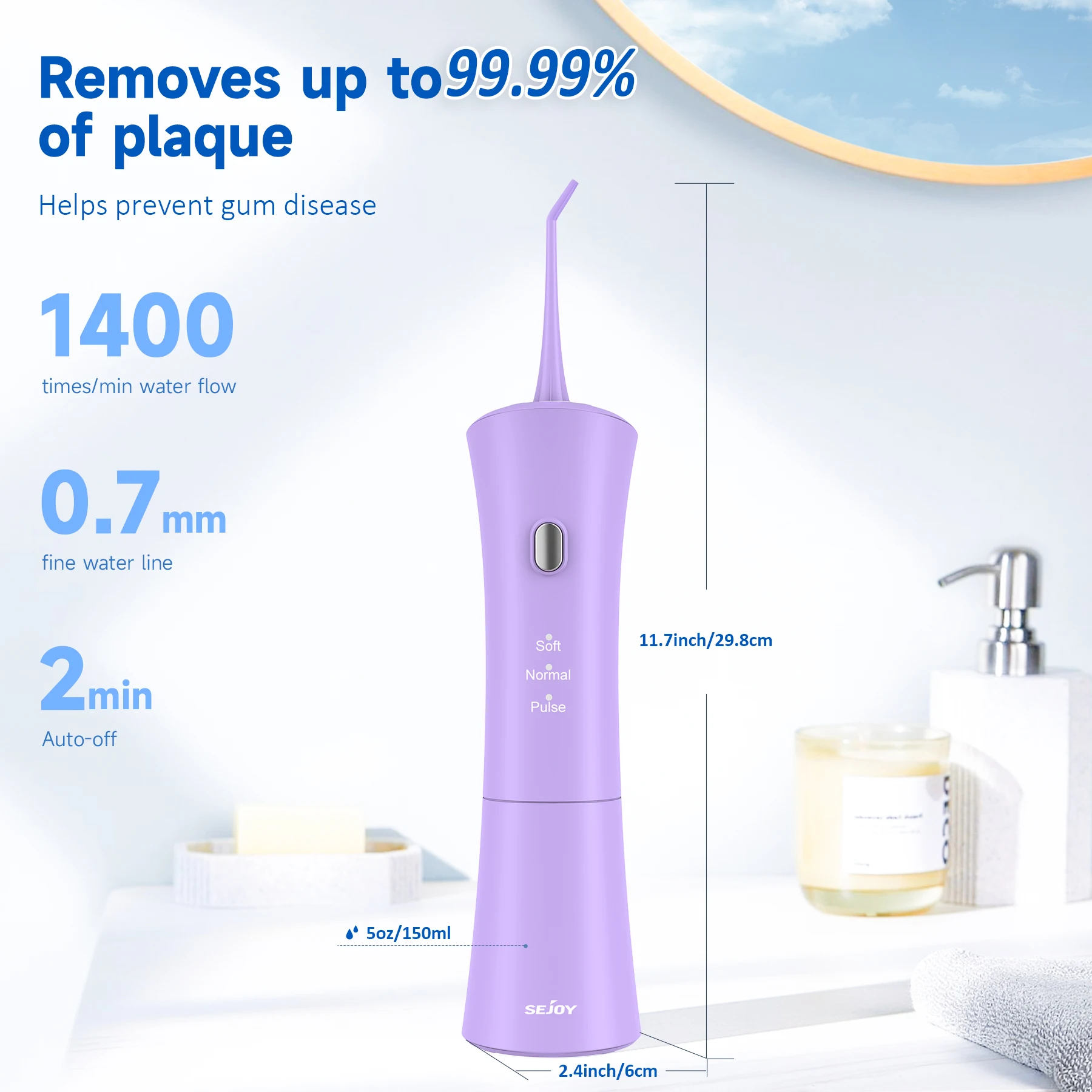 SEJOY New Oral lrrigator Dental Water Flosser Mouth Washing Machine Home 3 Cleaning Modes 1800mAh USB IPX7 Waterproof 150ml