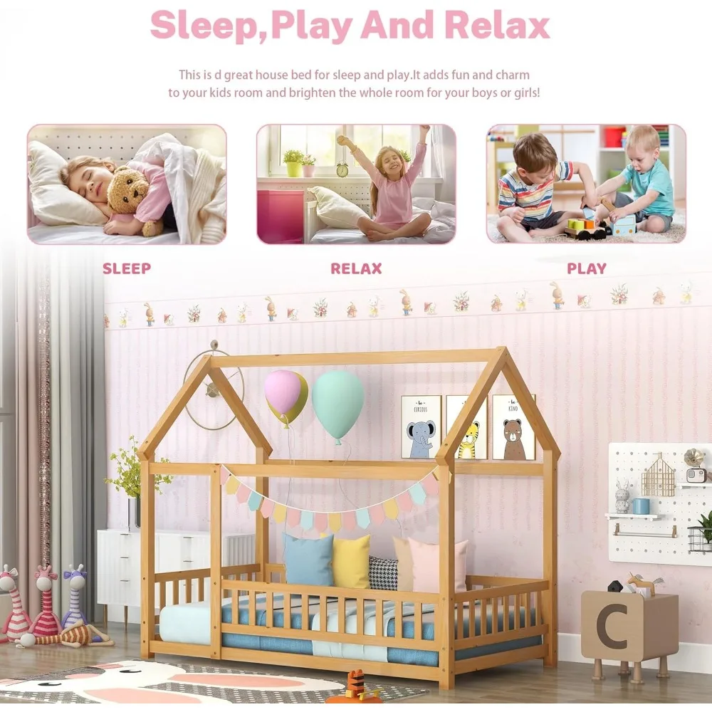 Kids Bed, Twin Size House Frame Wooden Floor Bed with Fence for Kids, Natural Kids Bed