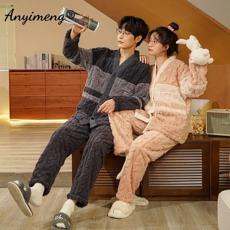 New Winter Thick Pajamas Set for Couple Korean Teddy Jacquard V-neck Sleepwear for Man and Women Kimono Velvet Pjs for Lovers