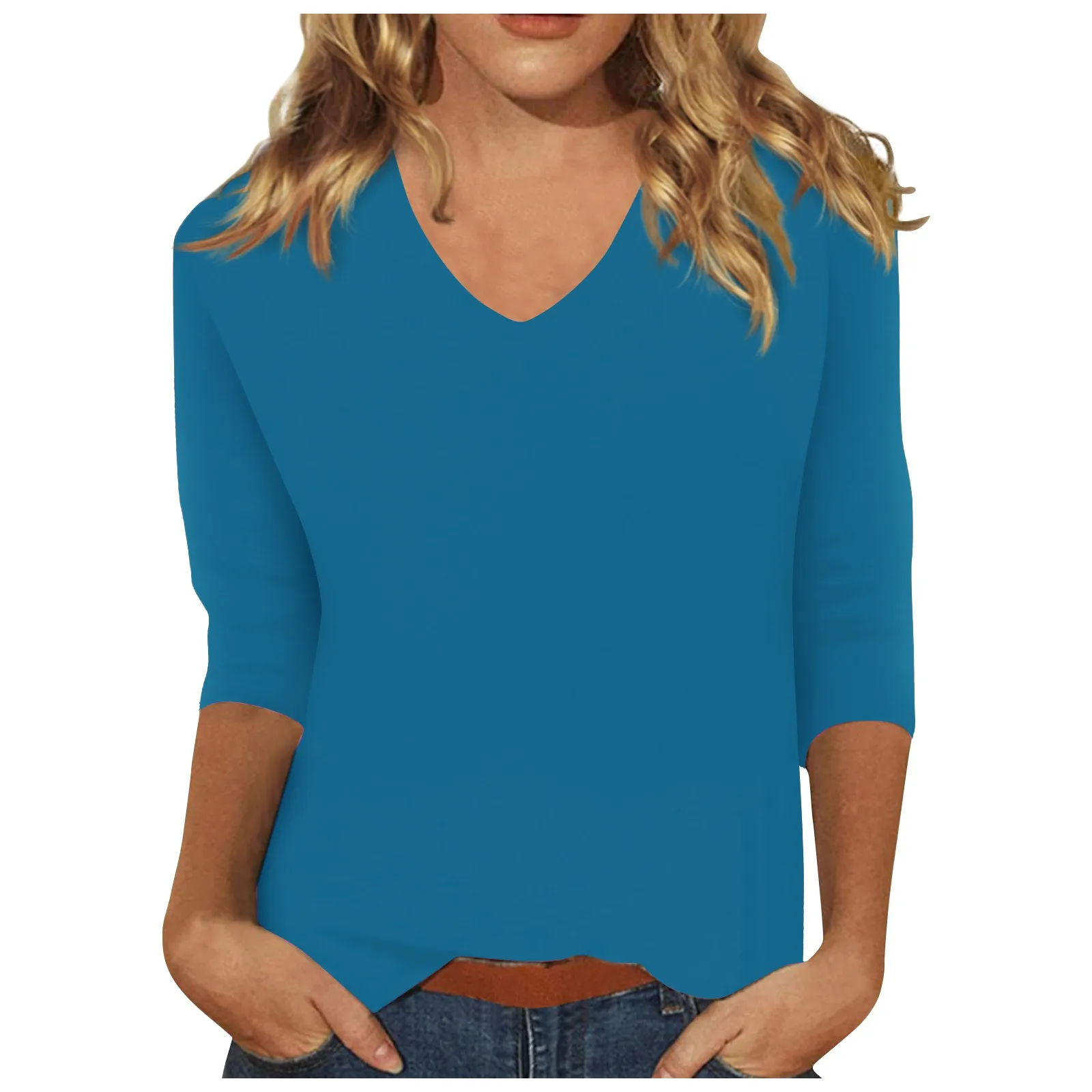 Female Solid Color Basic Classic Fashion Everyday Everything Casual V-neck Seven-point Sleeve T-shirt Versatile Breathable Top