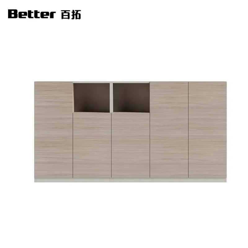 Modern Solid Wood Sideboard Cabinet Three Door Storage Unit with Open Display Shelves Simple Office Filing Furniture for Home