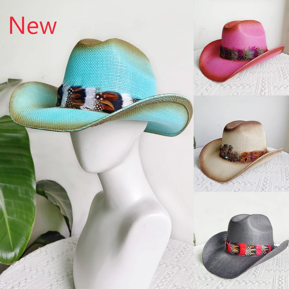 

Western cowboy hat double concave straw riding cowboy hat feather accessories men and women classic retro style straw sun hat