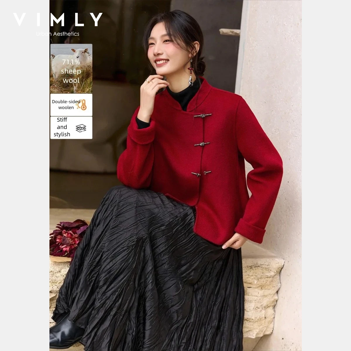 

VIMLY Simple Women Winter Coats 2025 Chinese Style Solid Stand Up Collar Double Side Woolen Coat Thick Women's Clothing 50875