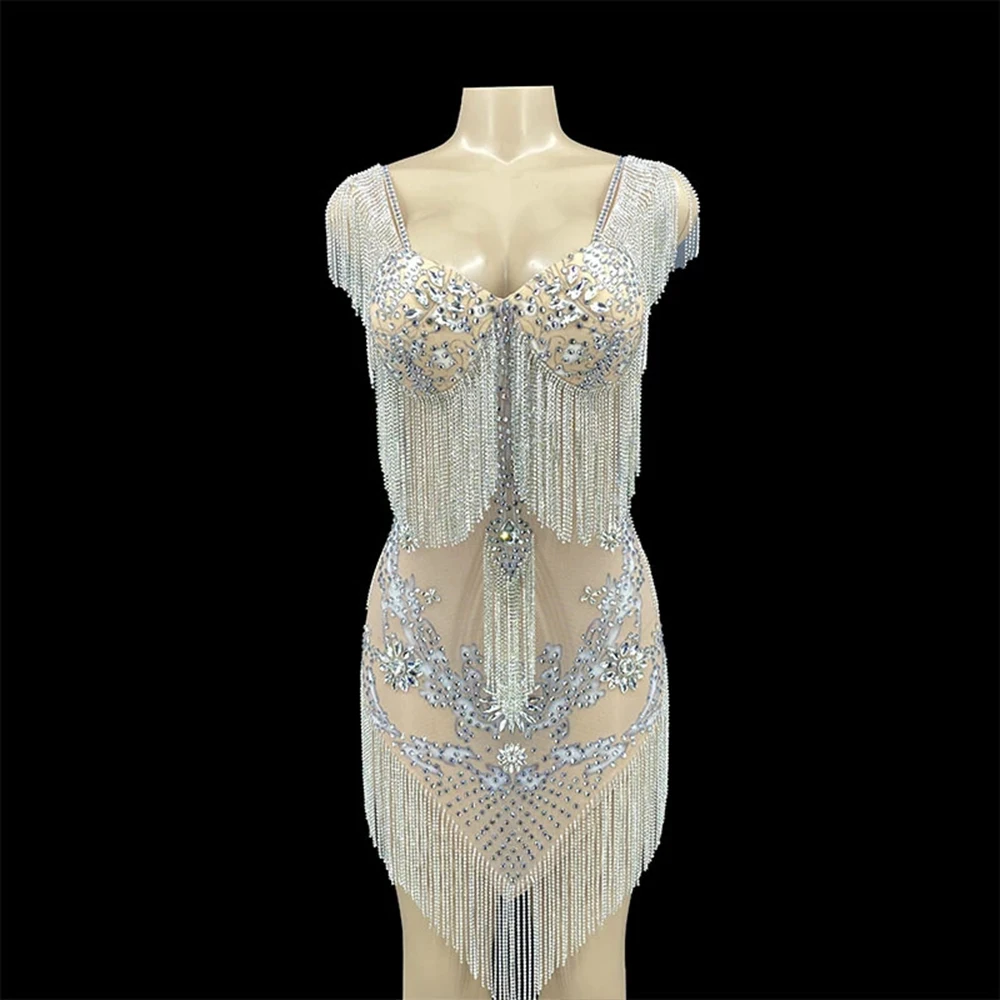 Customized New Tassels  Mesh lace Transparent High Elastic Short Sleeve Sequins Sexy Tight Party Dress  Stage Performance Dress