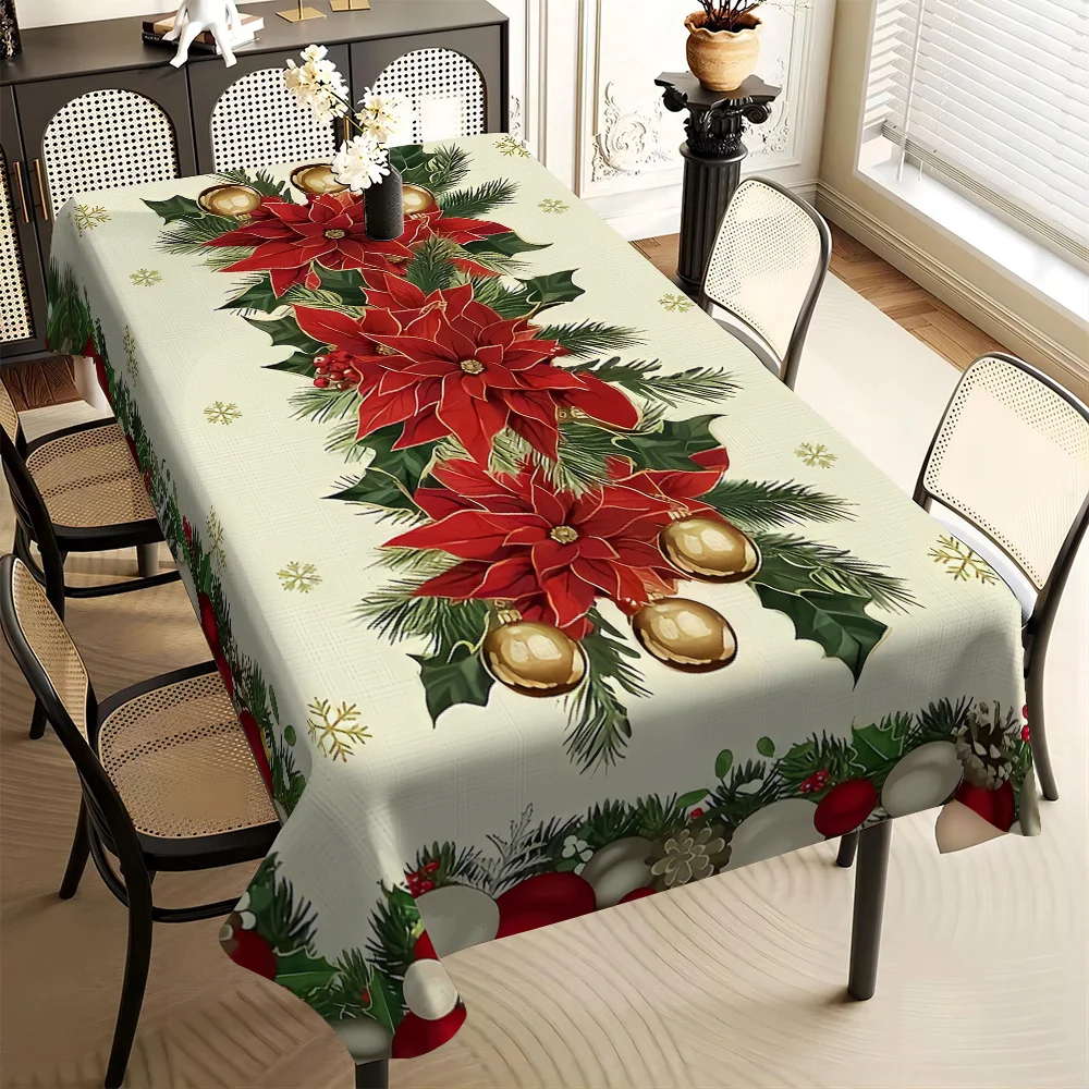 Christmas Poinsettia Snowflake Tablecloth for Table Decor Winter Xmas Ball Pine Kitchen Dining Table Cloth Christmas Decoration