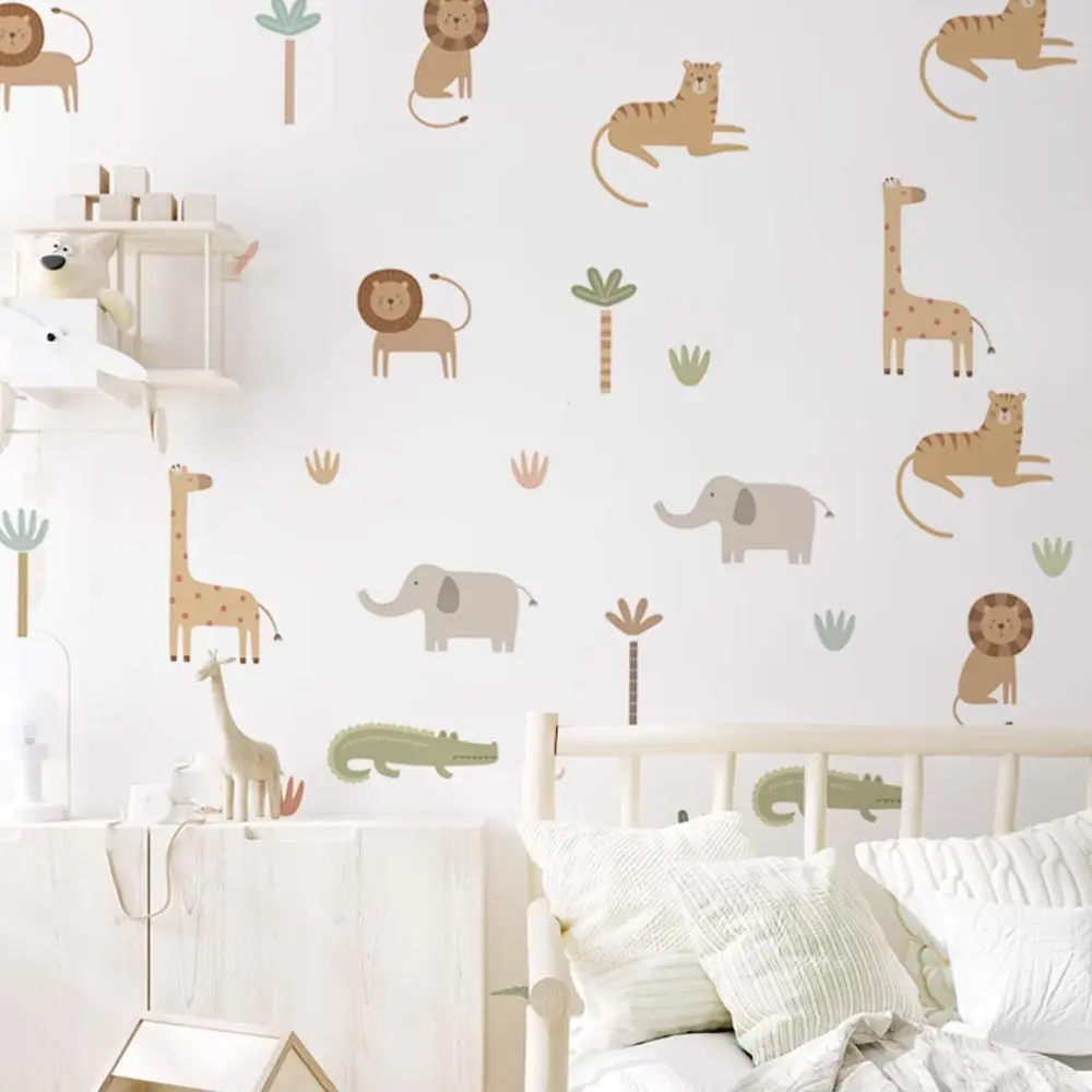 Cute Cartoon Safari Animals Lion Giraffe Elephant Nursery Wall Stickers for Kids Rooms Living Room Decor Wall Decals Wallpaper