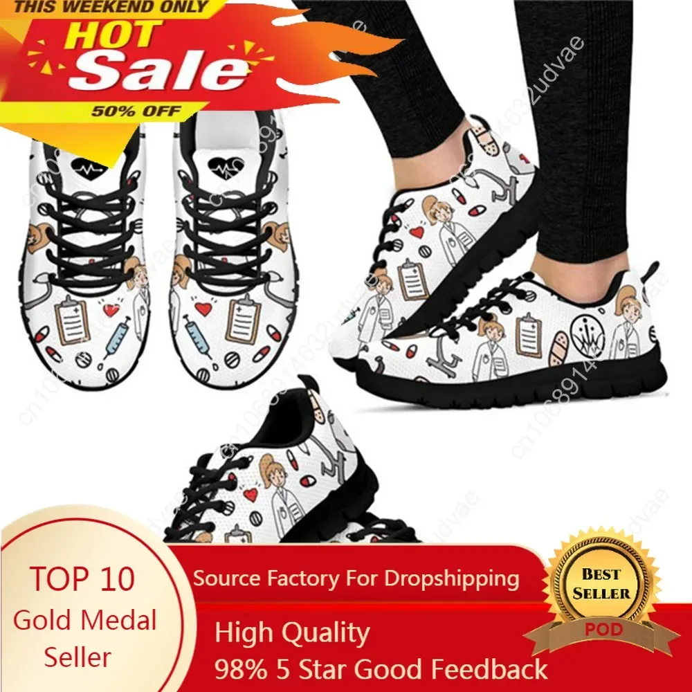 

Cartoon Sketch Physio Print Flats Shoes Women Casual Mesh Summer Nurse Sneaker Light Lacing Footwear For Teen Girls New Fashion