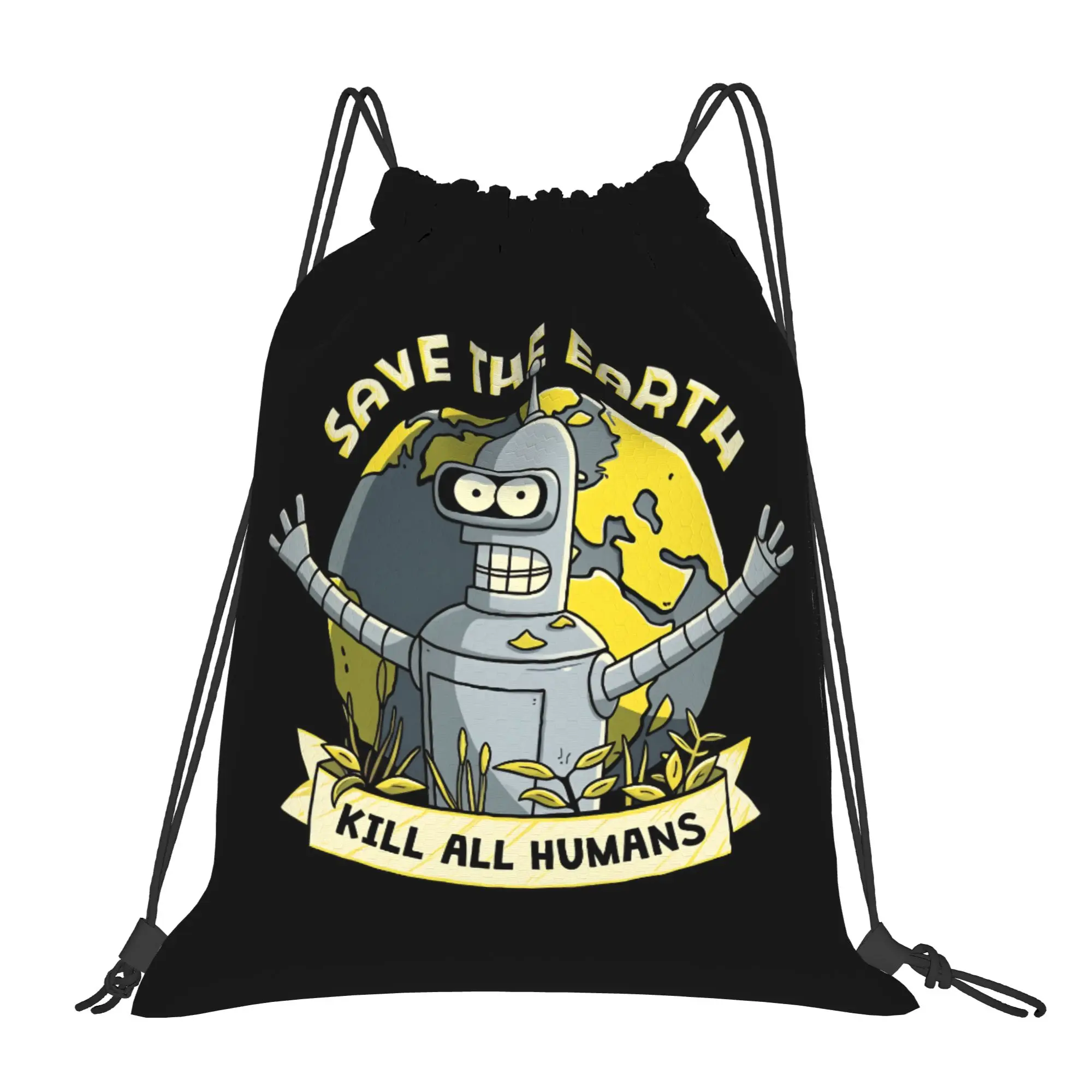 Save The Planet Drawstring Bag Robot Graphic  Travel Men BackpackFoldable YSK Fashion Sackpack String Bags