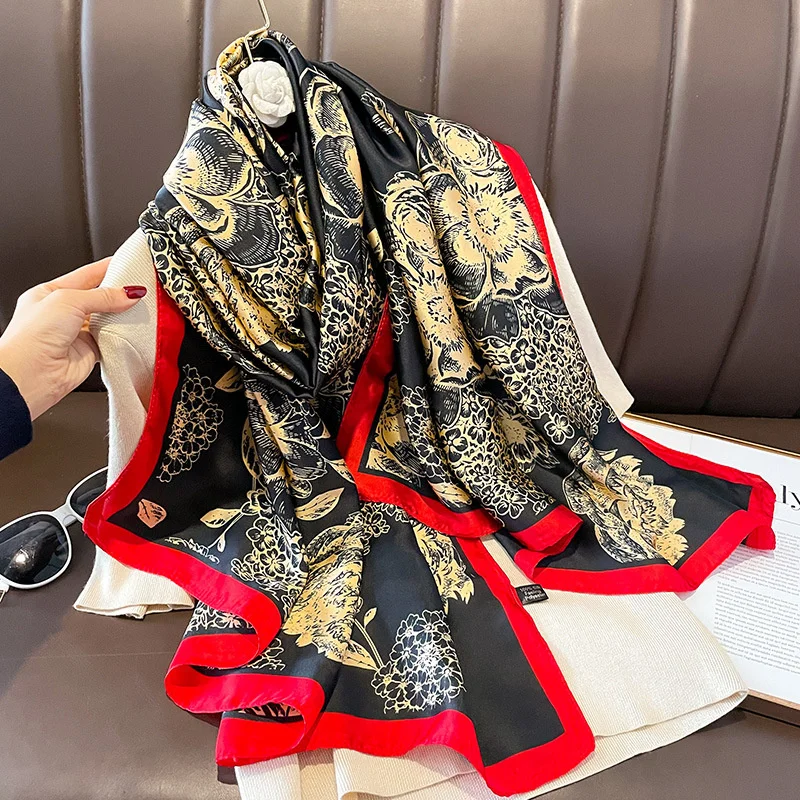 Lenços de seda macios de luxo para mulheres, Lady Wrap, bandana de praia, silenciador Foulard Pareo, xale feminino, designer europeu, 180x90cm, verão