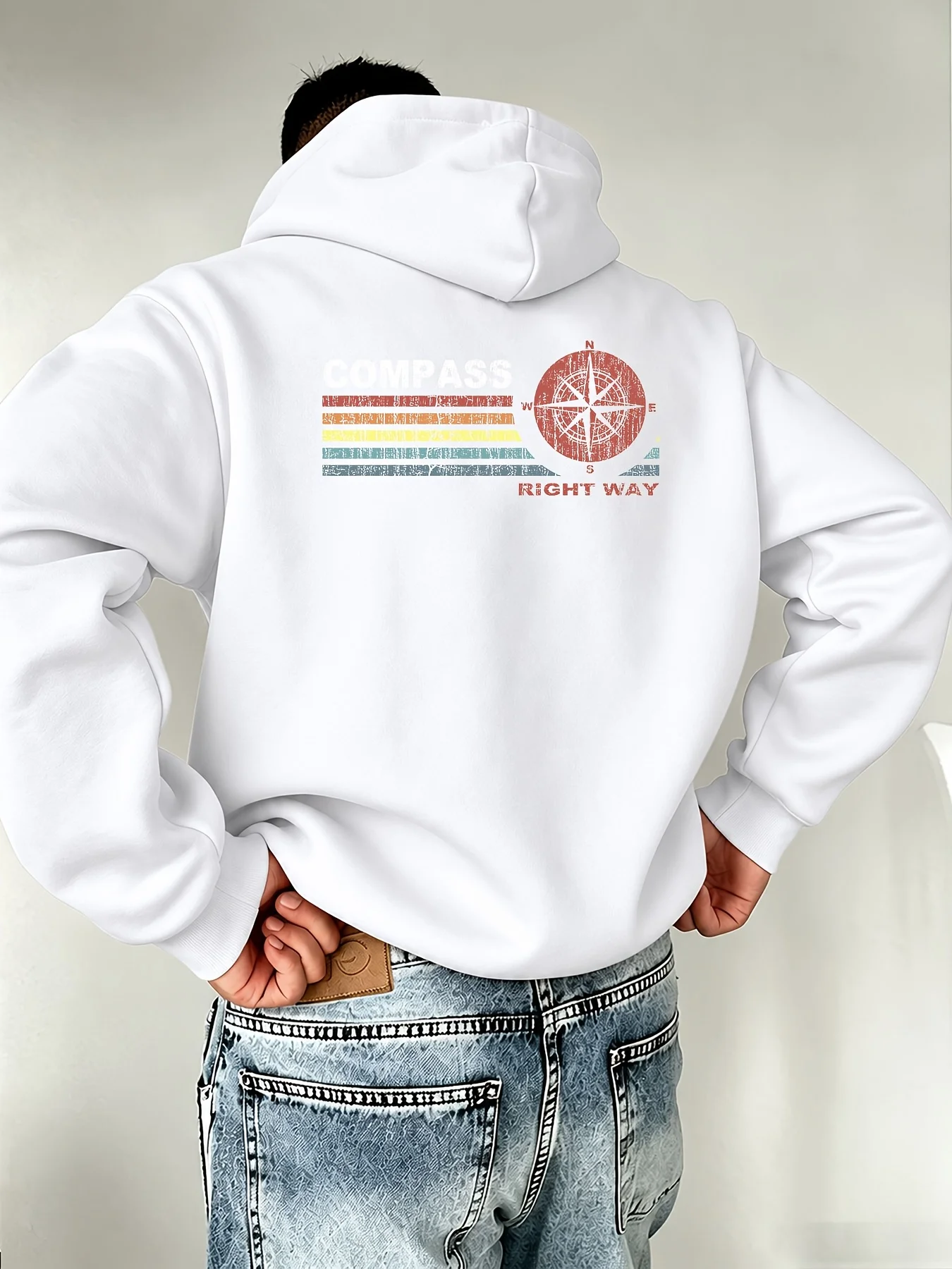 Men's Hooded Sweatshirt with Rainbow Stripes, COMPASS Directional Text, Simple Double-Sided Print, European and American Casual Style, Mature Men's Top