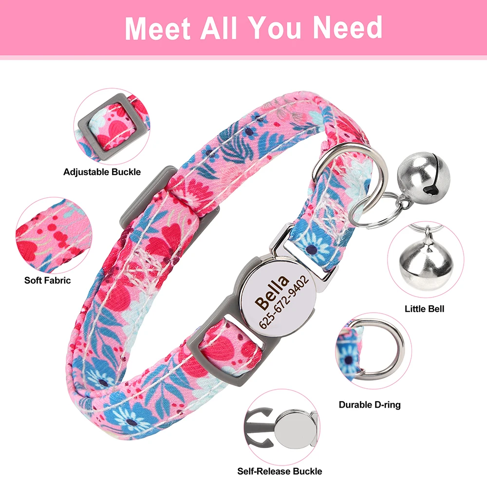 Custom Nylon Cat Collar Cute Print Kitten Cats Collars Quick Release Nylon Pet Necklace With Bell Adjustable for Cats Puppy Pink