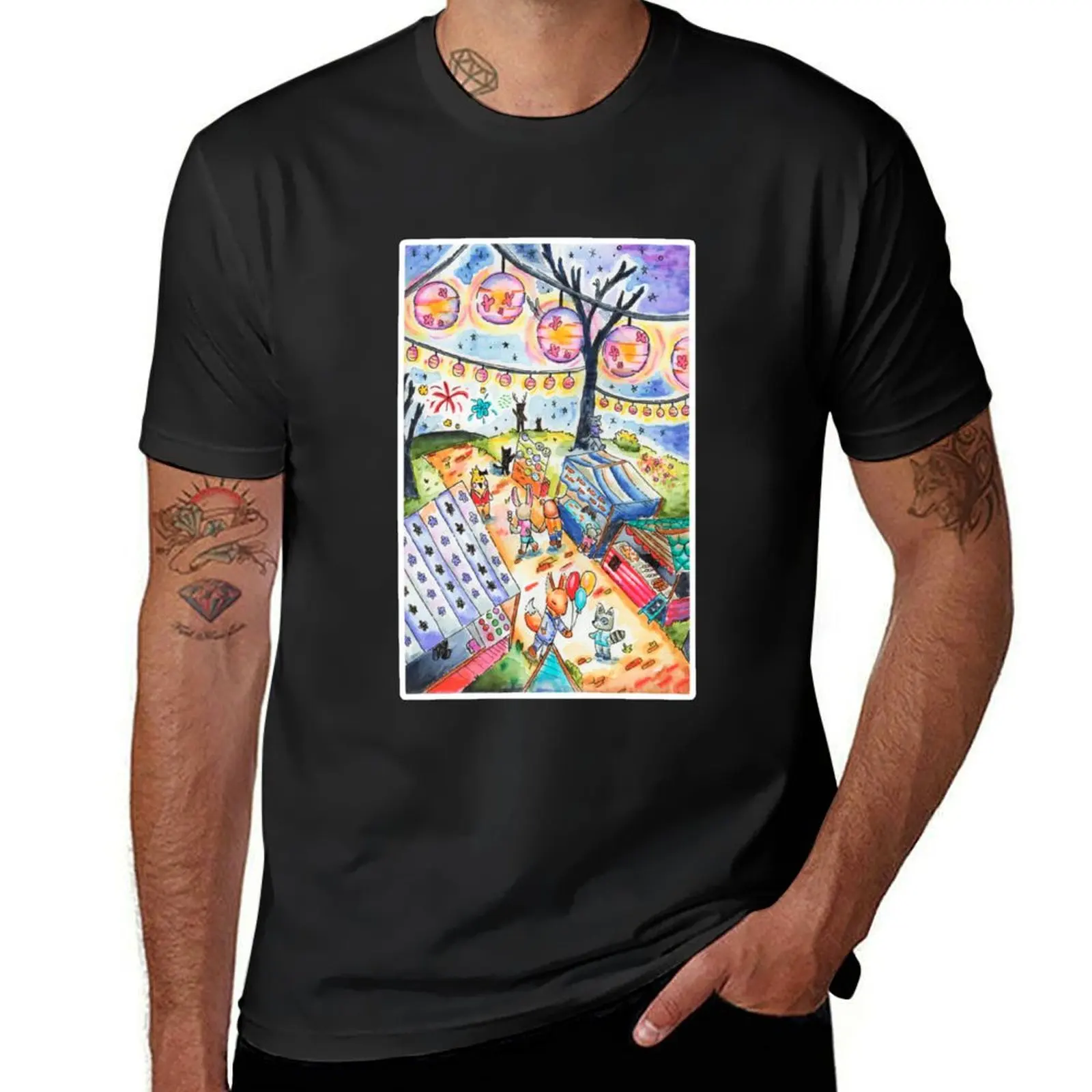 Summer Lantern Festival in Watercolor T-shirt vintage hippie clothes plus sizes mens big and tall t shirts