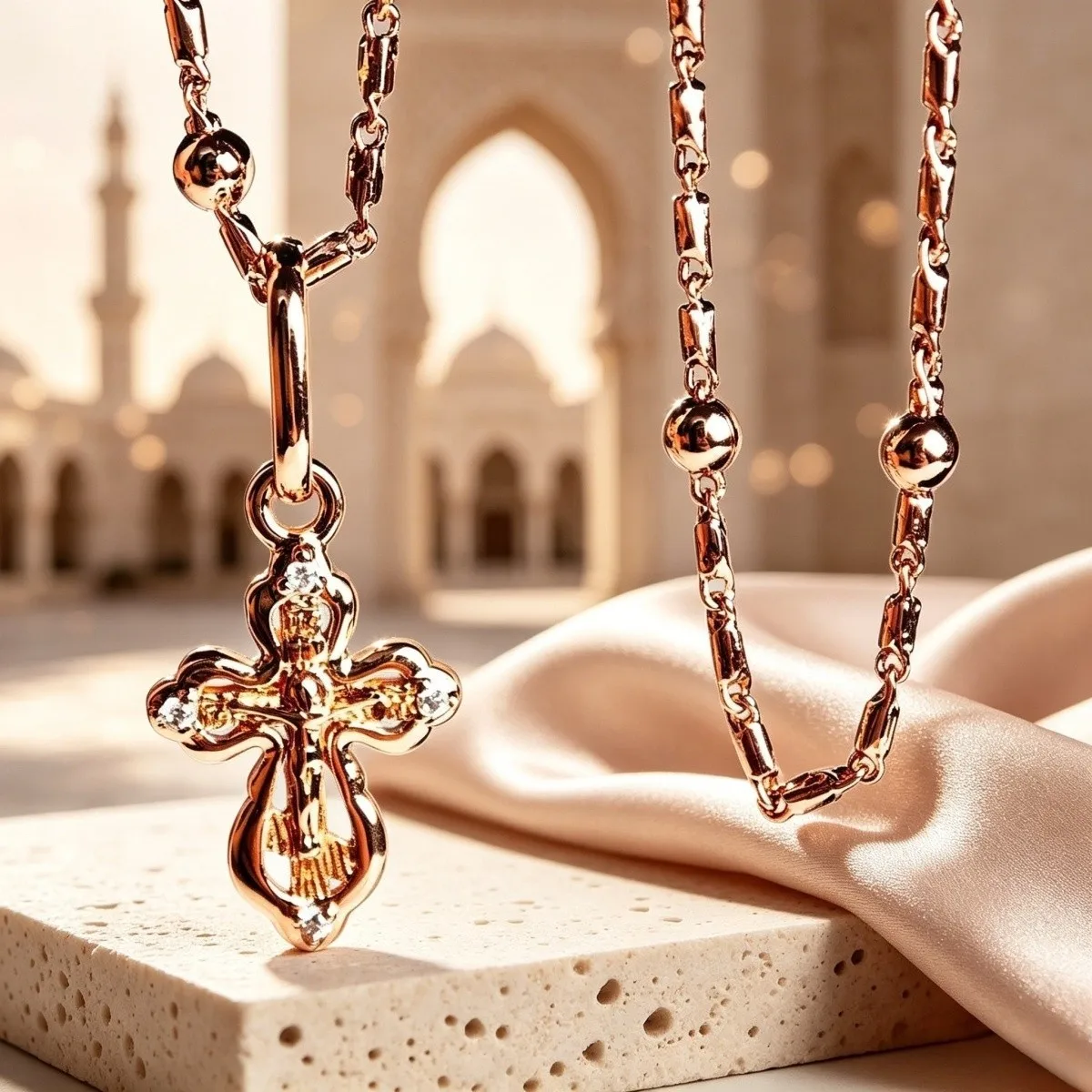 585 Russian Rose Gold Cross Pendant Necklace Niche High-end Commemorative Gift