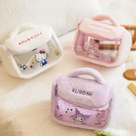 Hello Kitty Plush Makeup Bag Large Capacity Travel Cosmetic Case Cute Cartoon Pattern Fashionable Handheld Pouch For Women Girls