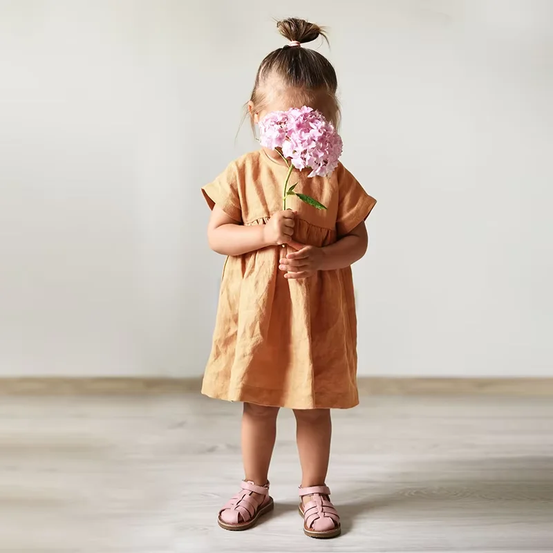 

Summer Girls Cotton Linen Dress Solid Color Round Neck Short Sleeve Loose Casual Cute Princess Dresses for Kids，TZ03
