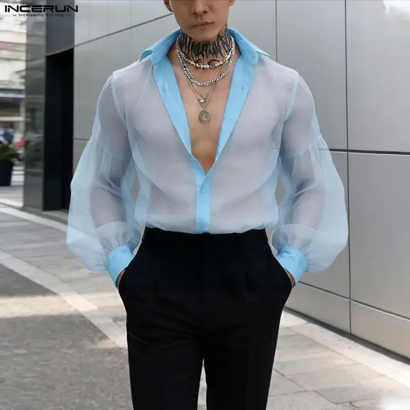 

INCERUN Men's Shirts Mesh Patchwork Long Sleeve See Through Menswear Clothing Streetwear Party 2026 Sexy Fashion Tops Man Camisa