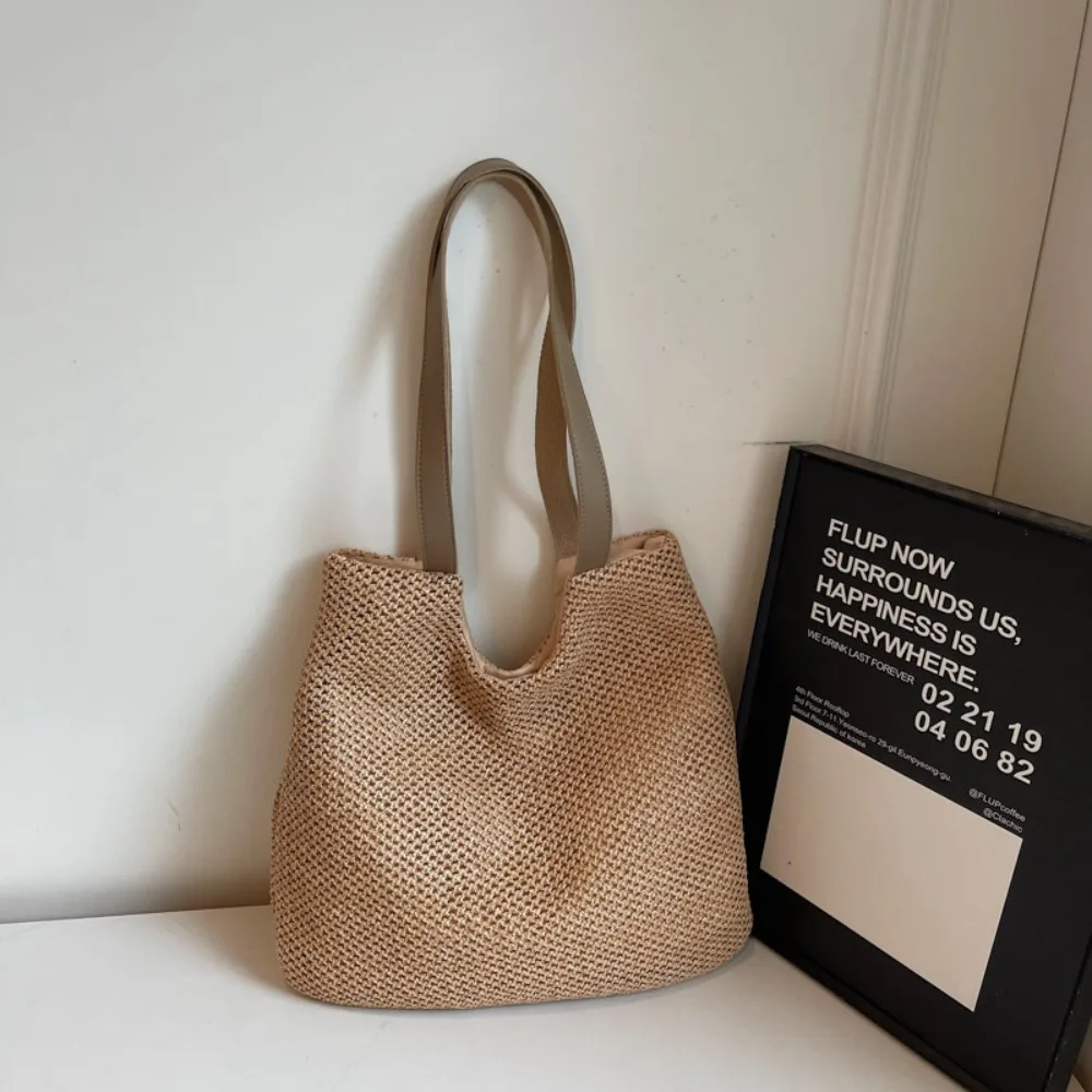

Simple Square Weave Straw Tote Bag Magnetic Buckle Bohemian Style Beach Bag Large Capacity Handbag Raffia Shoulder Bag Girls