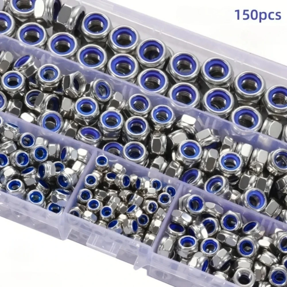150 Pcs Stainless Steel Self-Locking Nuts, Sizes M3-M8, Nylon Insert Lock Nuts, Hexagonal Nuts