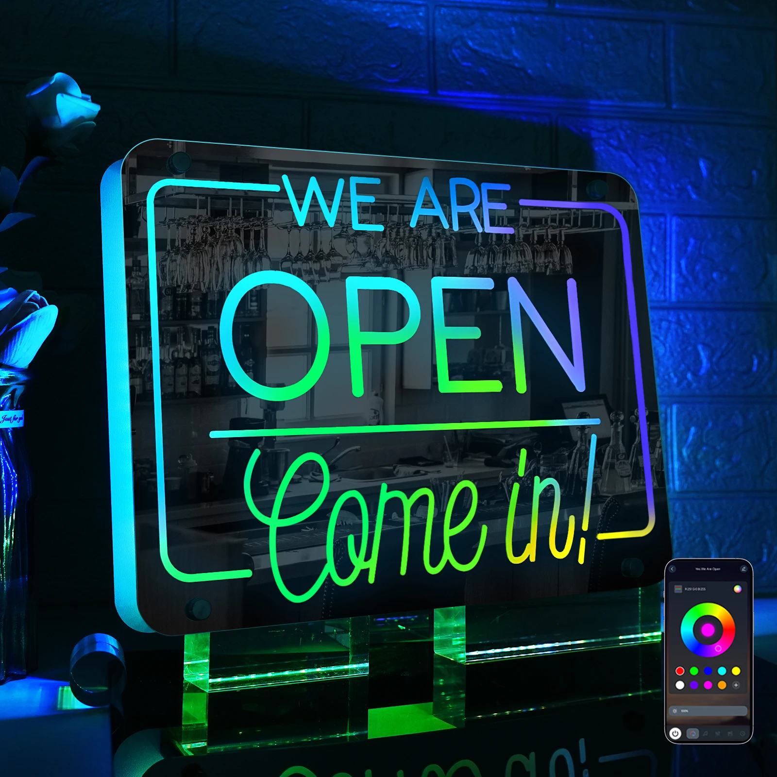 

Open Come In Neon Sign Зеркальная версия с регулируемой яркостью для декора стен Светящийся знак с питанием для магазина, отеля, ресторана, бара, декоративный светильник