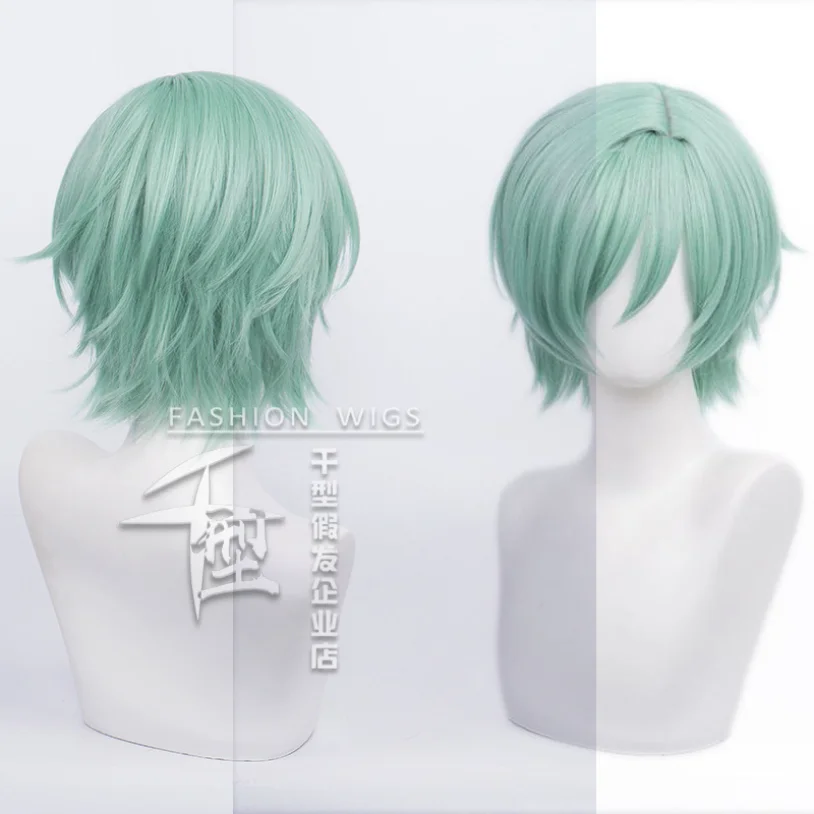 Ensemble Stars Kazehaya Tatsumi Perucas Cosplay, Cabelo Curto, Resistente ao Calor, Sintético, Verde Ciano, Halloween Party Accessories