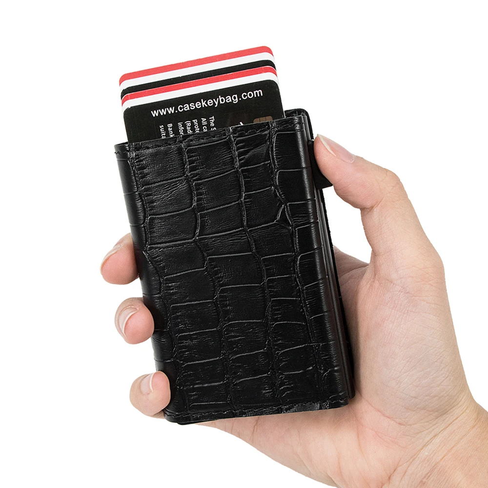 CASEKEY New RFID Short Men Card Bag Wallet Pop Up Card Holder Male Purse Crocodile Pattern Leather Smart Wallet with Coin Purse