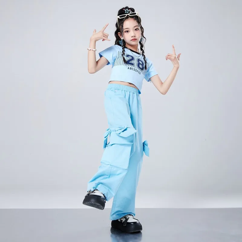 Kid Cool Hip Hop Clothing Blue Letters Crop Top T Shirt Casual Bowknot Pocket Wide Pants for Girls Jazz Dance Costumes Clothes