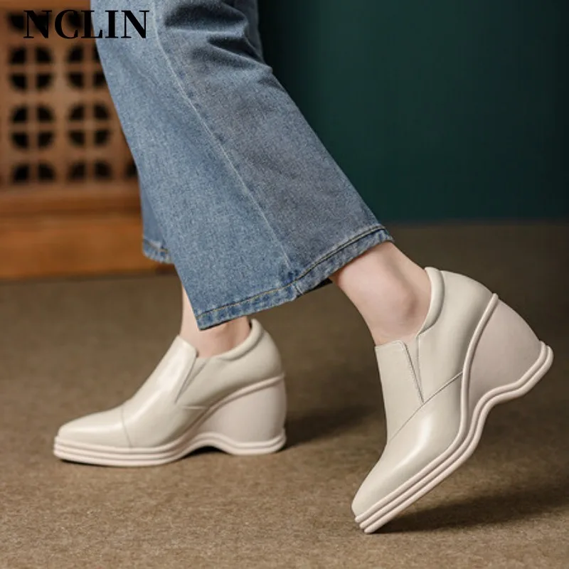 Spring/Summer Women Shoes Chunky Heel Pointed Toe Platform Shoes Women Genuine Leather Shoes High Heel Loafers Zapatos De Mujer