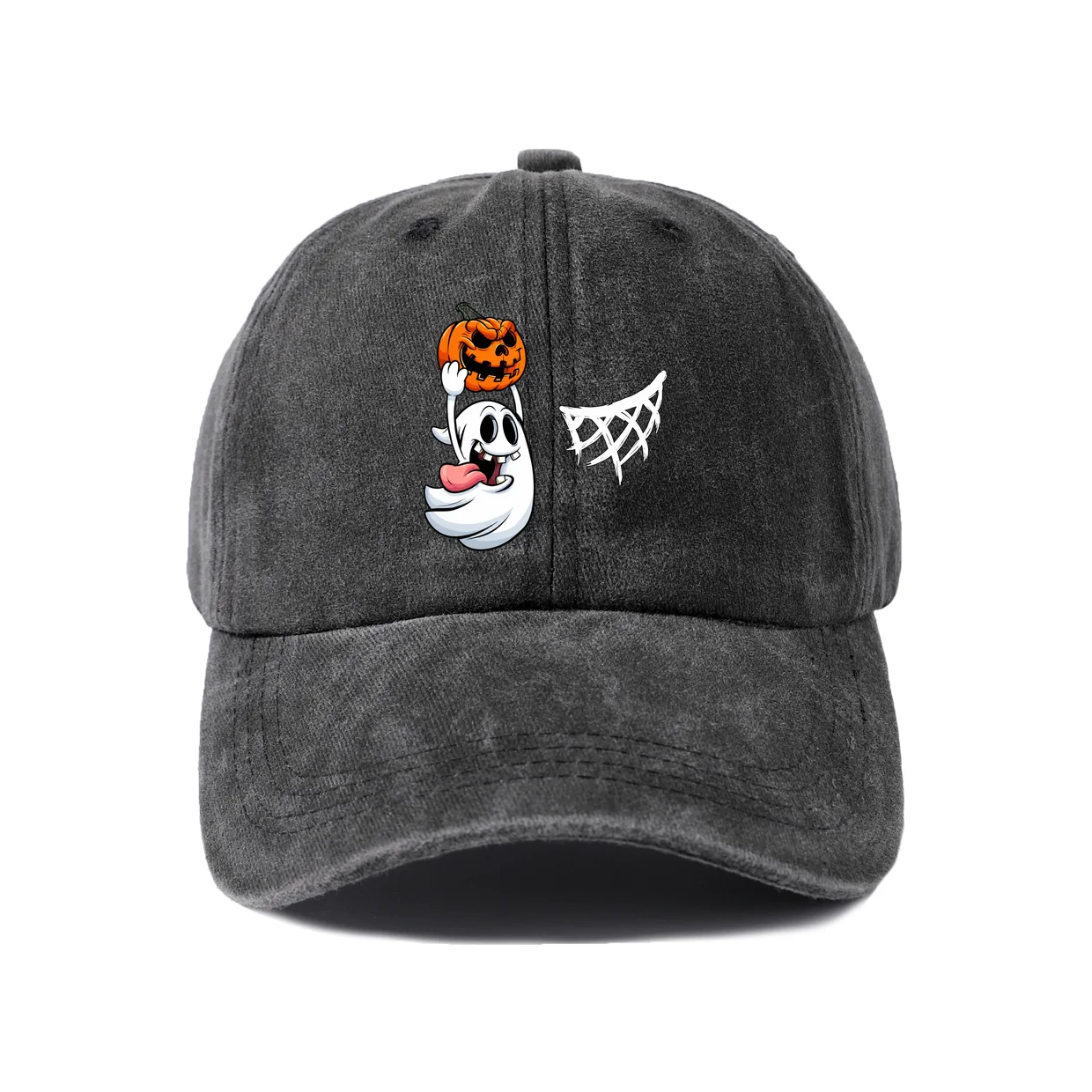 Vintage Washed Ghost Pumpkin Spider Web Graphic Baseball Cap, Adjustable Unisex Dad Hat, Halloween Gift