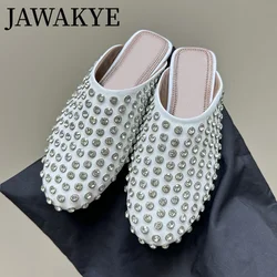 Luxury 2024 Summer Leather Slippers Bling Crystal Half Flat Slippers Round toe Ladies Mules Woman's Flat Causal Slippers Party