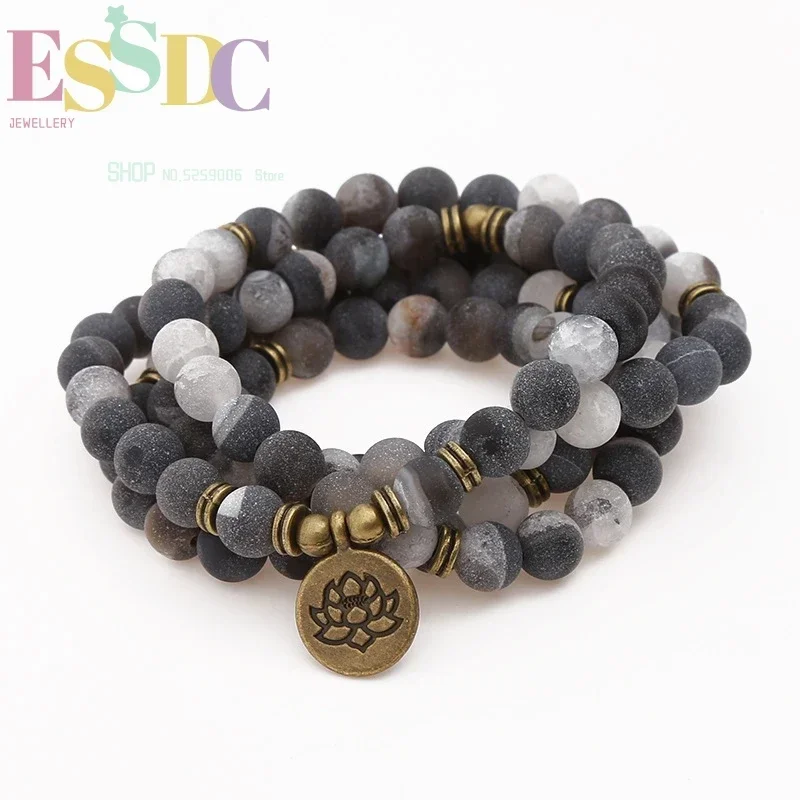 Natural Smile Black White Onyx 108 Mala Beads or Necklace Lotus Pendant Chakra Yoga Prayer Bracelet Wholesale