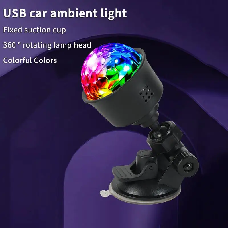 USB Car Ambient Light 360° Adjustable Head Suction Cup Mount Multi-color Lighting for Auto Road Trip Decoration